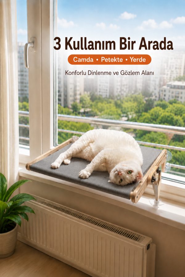 Vantuzlu Ahşap Kedi Yatağı - Füme