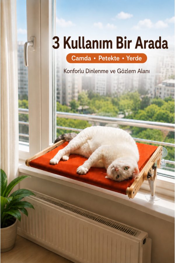 Vantuzlu Ahşap Kedi Yatağı - Kiremit