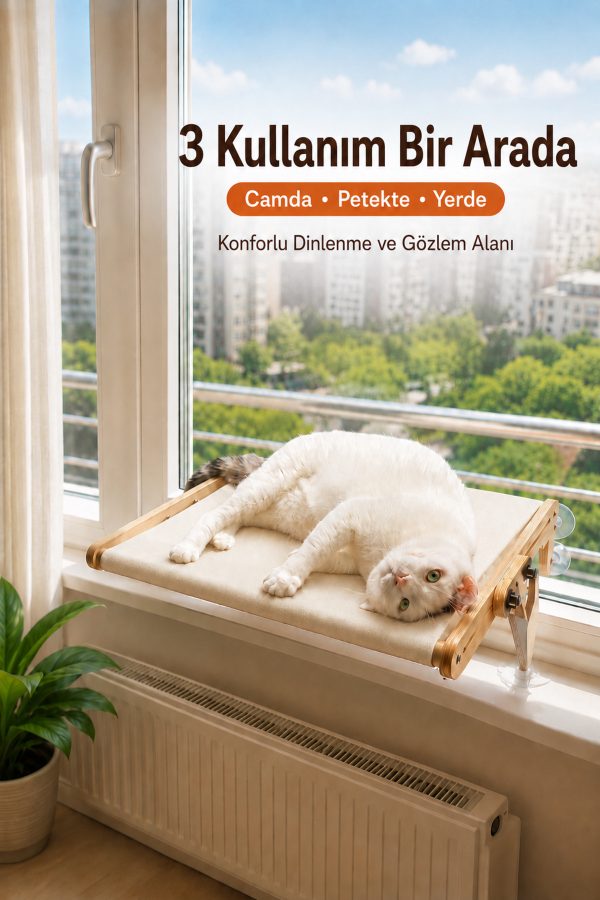 Vantuzlu Ahşap Kedi Yatağı - Krem