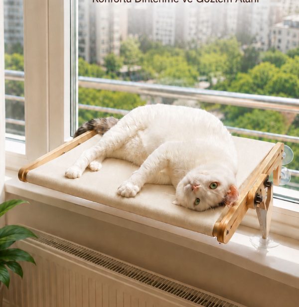 Vantuzlu Ahşap Kedi Yatağı - Krem