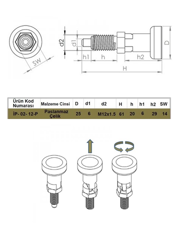 İndeksleme Piston Pimi - Durmalı  M12 Paslanmaz